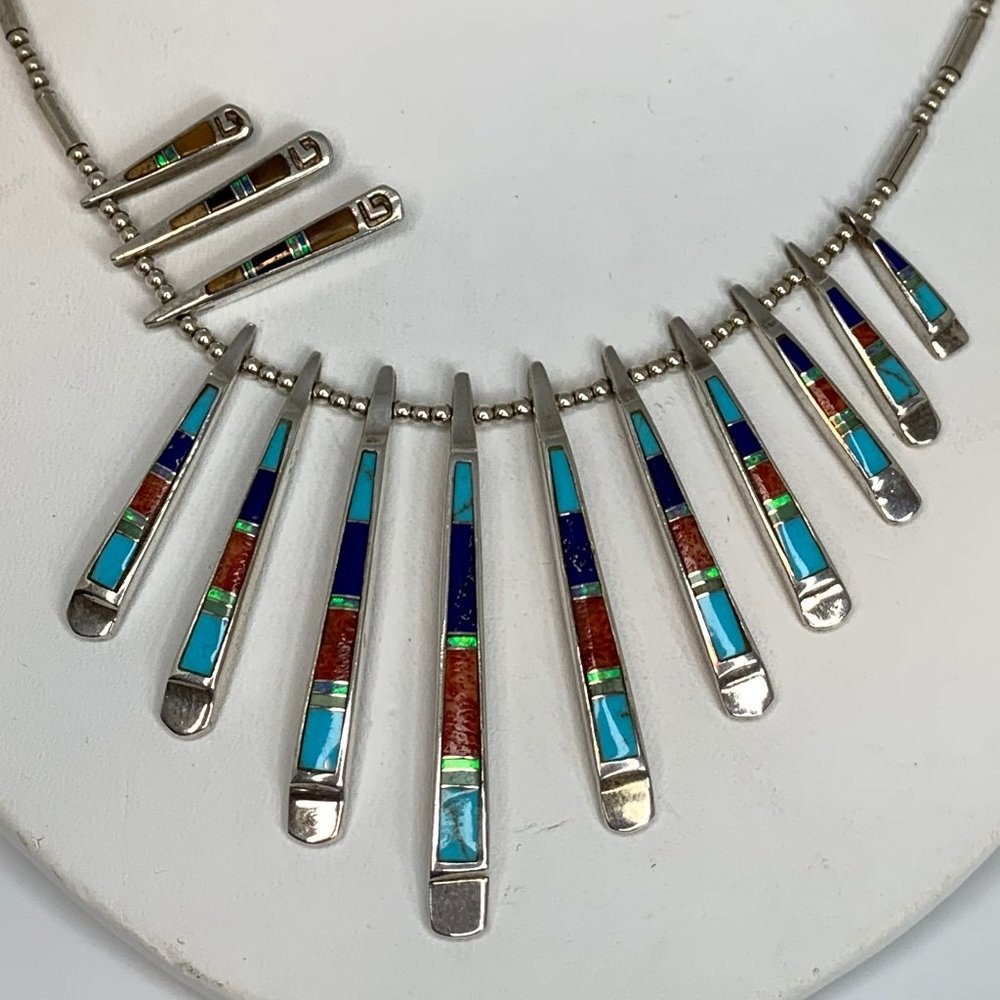 Reversible Silver and Turquoise Inlay Necklace with Fan Design Item #3870